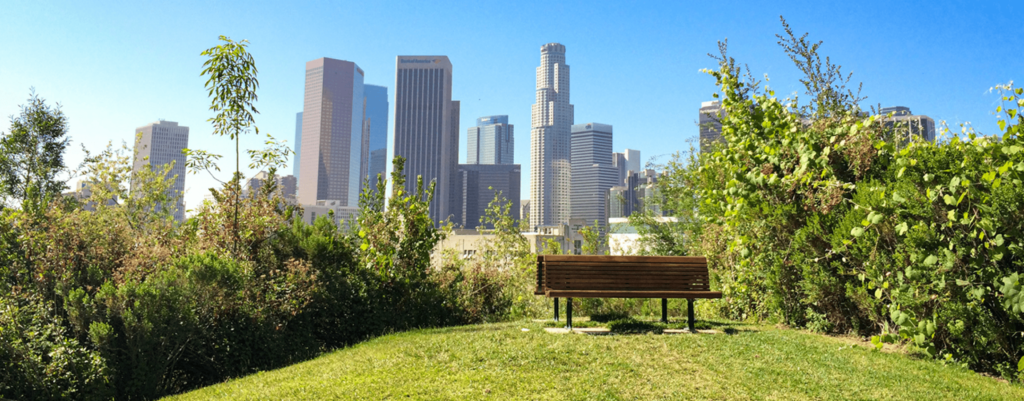 Landscape view of Downtown Los Angeles from the bench featured in 500 Days of Summer.