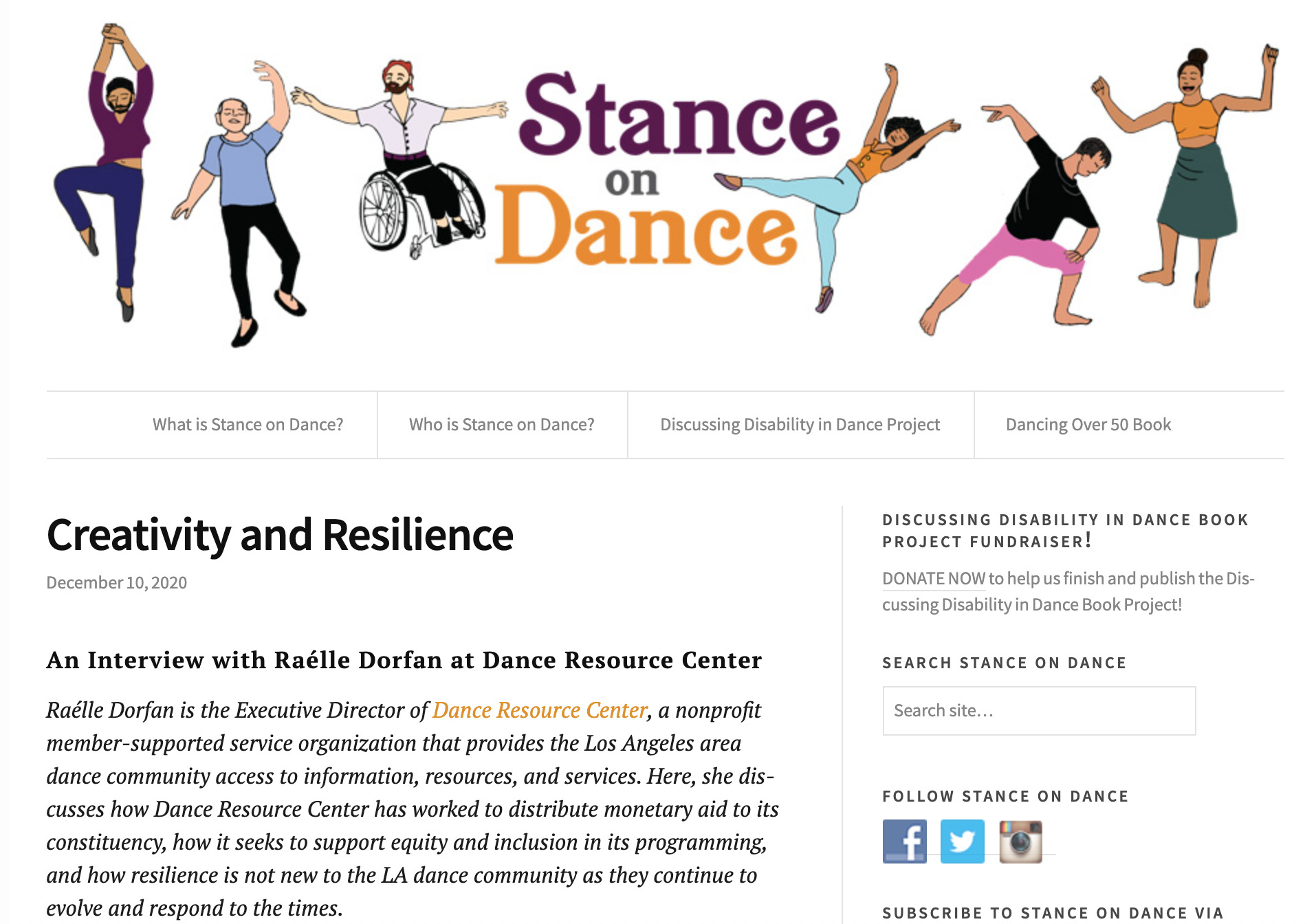 Stance on Dance interview with Raélle Dorfan at Dance Resource Center article.